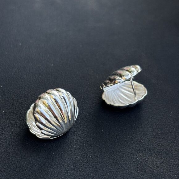 New Sterling Silver Scallop Shell Clip On Earrings Two-Piece 925 Hinged Design - Picture 1 of 11